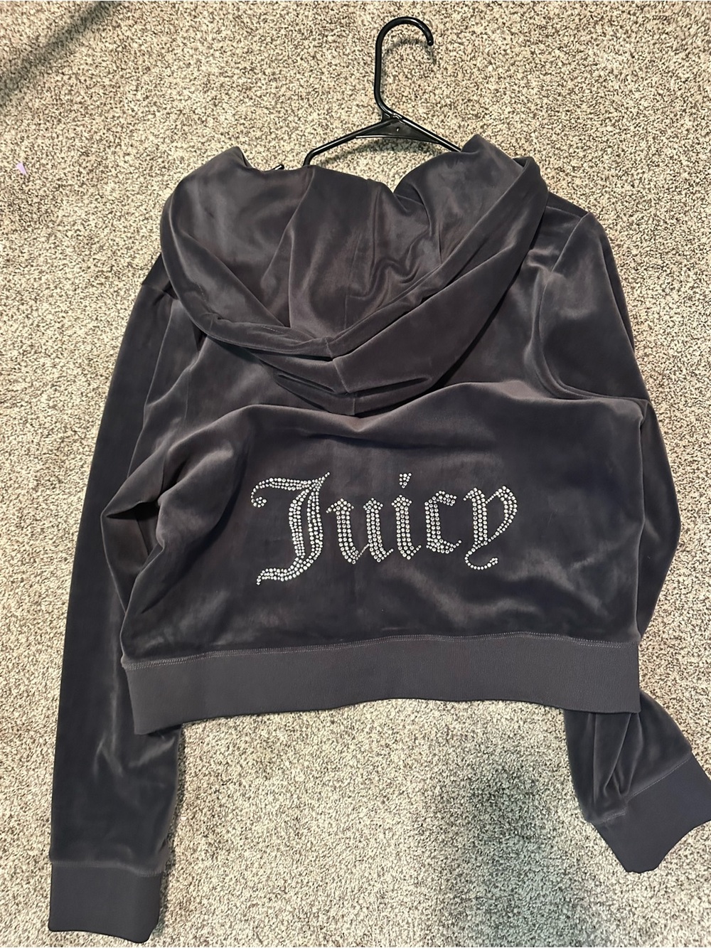 Juicy Couture Black Velour Rhinestone Logo Cropped Hoodie